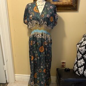Johnny Was Floral Maxi Dress - Dark Green with Orange and Blue Accents